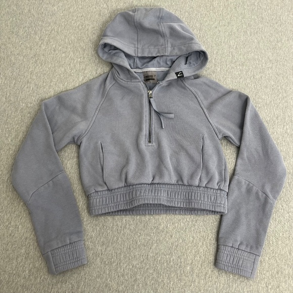 Gymshark Cropped 1/4 Zip Gathered Hooded Pullover | Steel Blue/Grey | Size XS - Picture 1 of 9